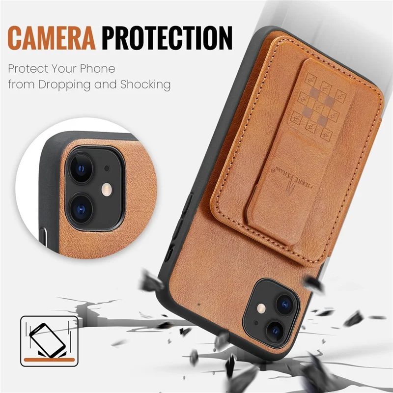 For iPhone 11 Case Finger Loop Leather+TPU Scratch-resistant Phone Cover - Brown