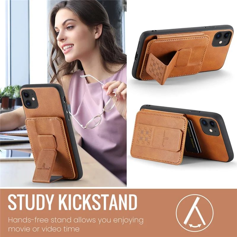 For iPhone 11 Case Finger Loop Leather+TPU Scratch-resistant Phone Cover - Brown