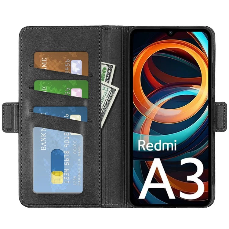 Para Xiaomi Redmi A3 / Poco C61 4G Case Dual Magnetic Clasp Leather Cell Phone Cover - Preto