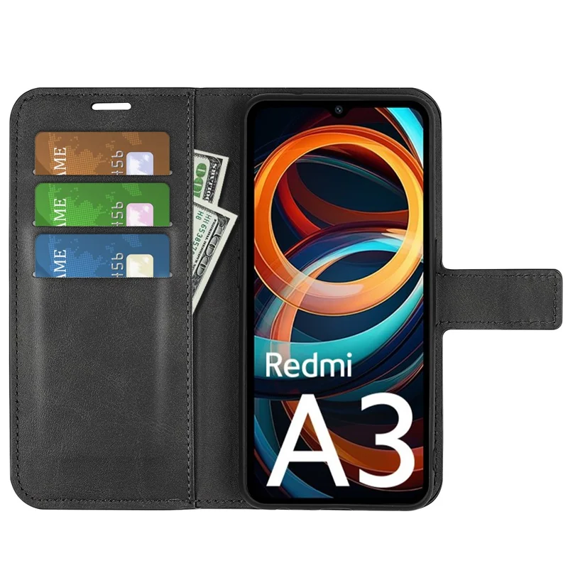 For Xiaomi Redmi A3 / Poco C61 4G PU Leather Case Magnetic Closure Wallet Phone Cover - Black