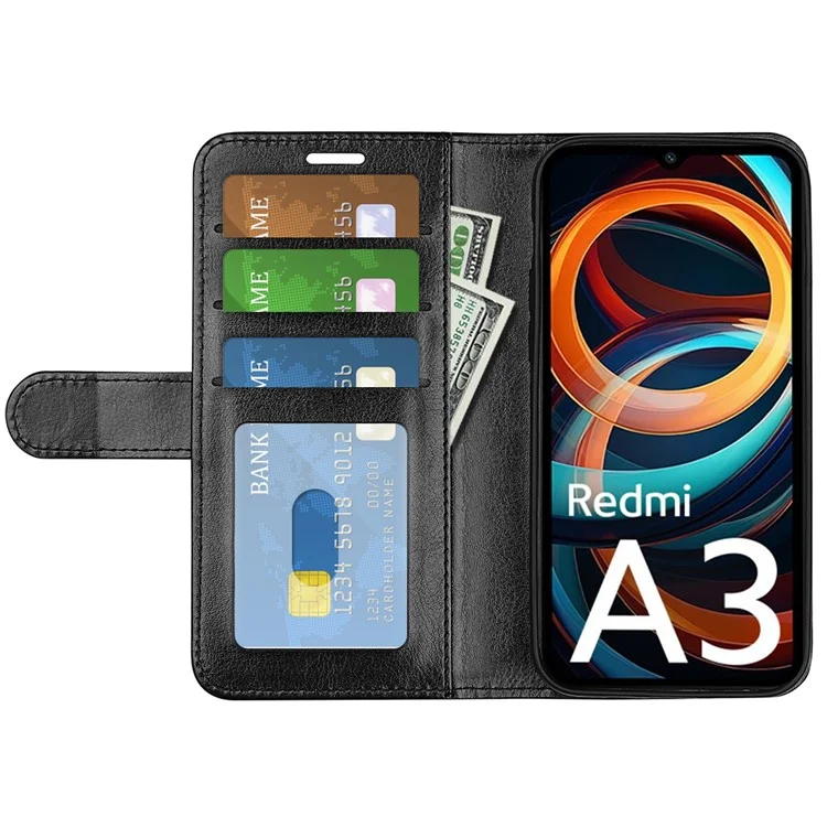 Для Xiaomi Redmi A3 4G / Poco C61 4G Чехол из искусственной кожи с текстурой "Crazy Horse" Кошелек Folio Чехол для телефона - Черный