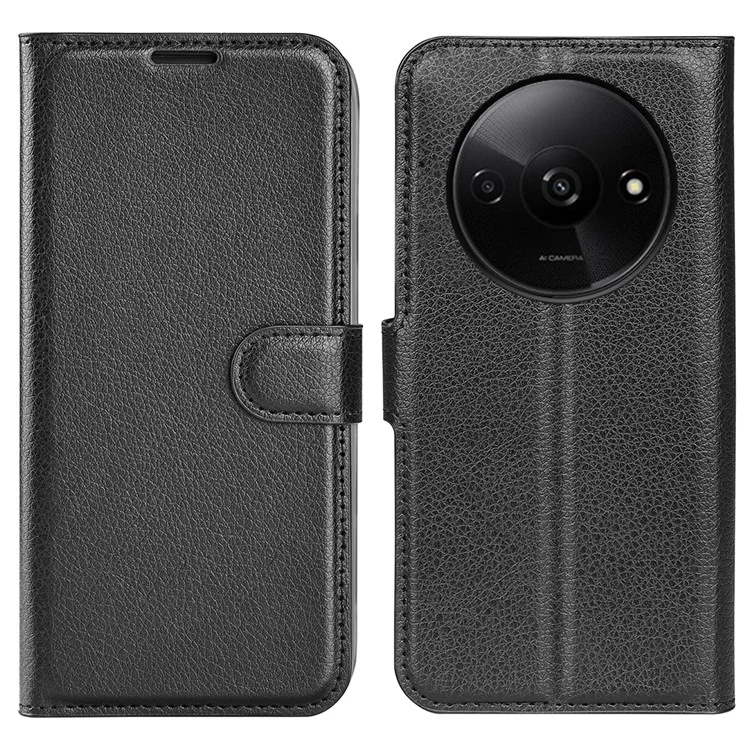 Für Xiaomi Redmi A3 4G / Poco C61 4G Hülle Litchi Textur PU-Leder Faltständer Telefonhülle - Schwarz