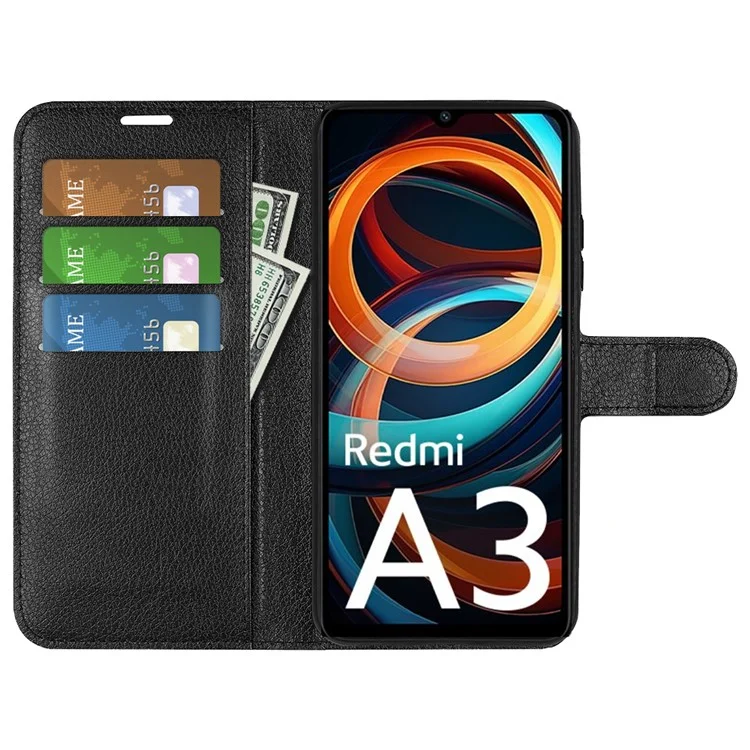 Für Xiaomi Redmi A3 4G / Poco C61 4G Hülle Litchi Textur PU-Leder Faltständer Telefonhülle - Schwarz