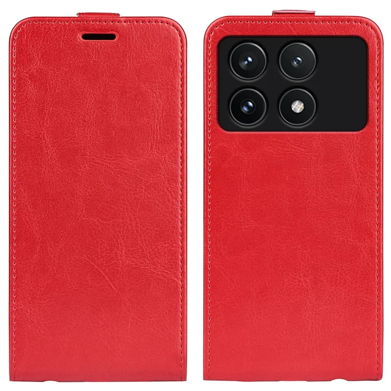 Для Xiaomi Poco F6 Pro 5G / Redmi K70 5G / K70 Pro 5G кожаный чехол вертикальный флип с текстурой "безумная лошадь" - красный