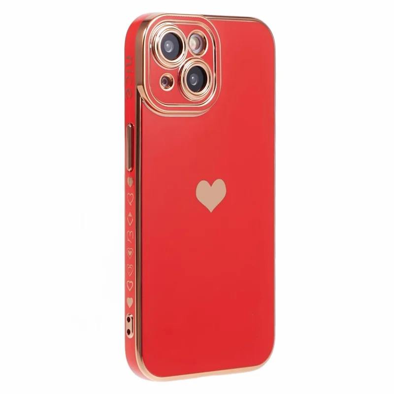 Funda de TPU para iPhone 15 Plus, Funda de teléfono con corazón de amor chapado en 6D - Rojo