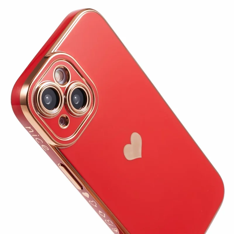 Funda de TPU para iPhone 15 Plus, Funda de teléfono con corazón de amor chapado en 6D - Rojo