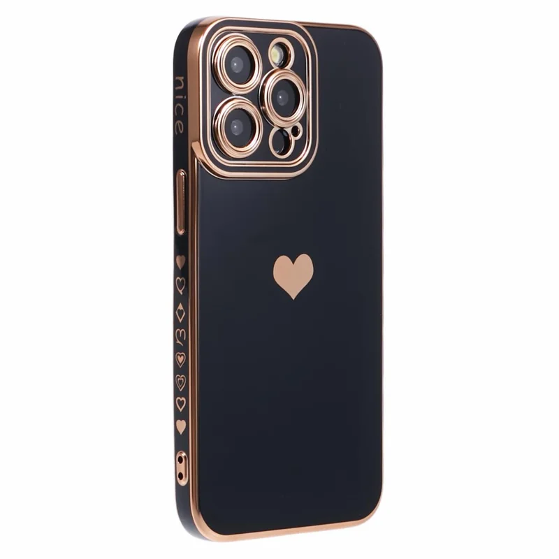For iPhone 15 Pro Max Case 6D Electroplating Love Heart Anti-Drop TPU Phone Cover - Black