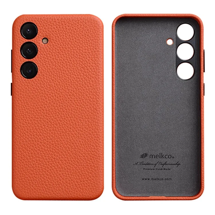 MELKCO For Samsung Galaxy S24 Cell Phone Cases Anti-scratch Genuine Cow Leather+PC Cover - Orange