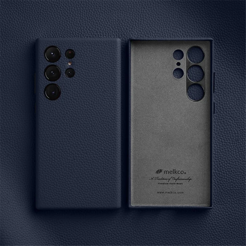 MELKCO For Samsung Galaxy S24 Ultra Case Genuine Cow Leather+PC Phone Cover - Dark Blue