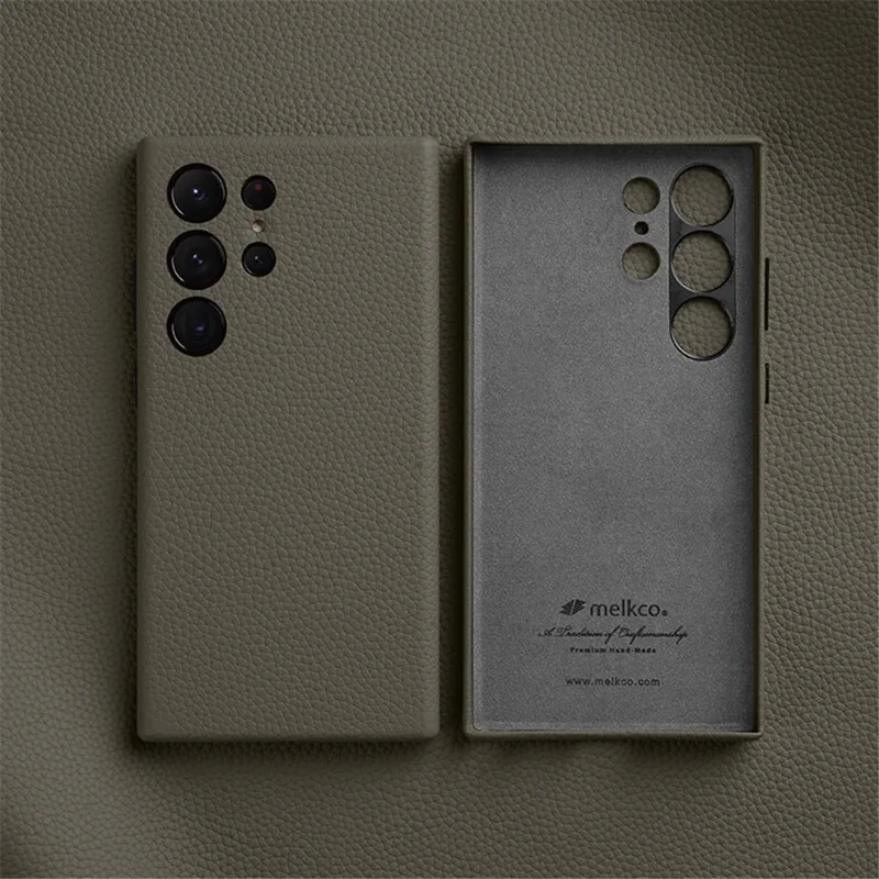 MELKCO For Samsung Galaxy S24 Ultra Case Genuine Cow Leather+PC Phone Cover - Grey