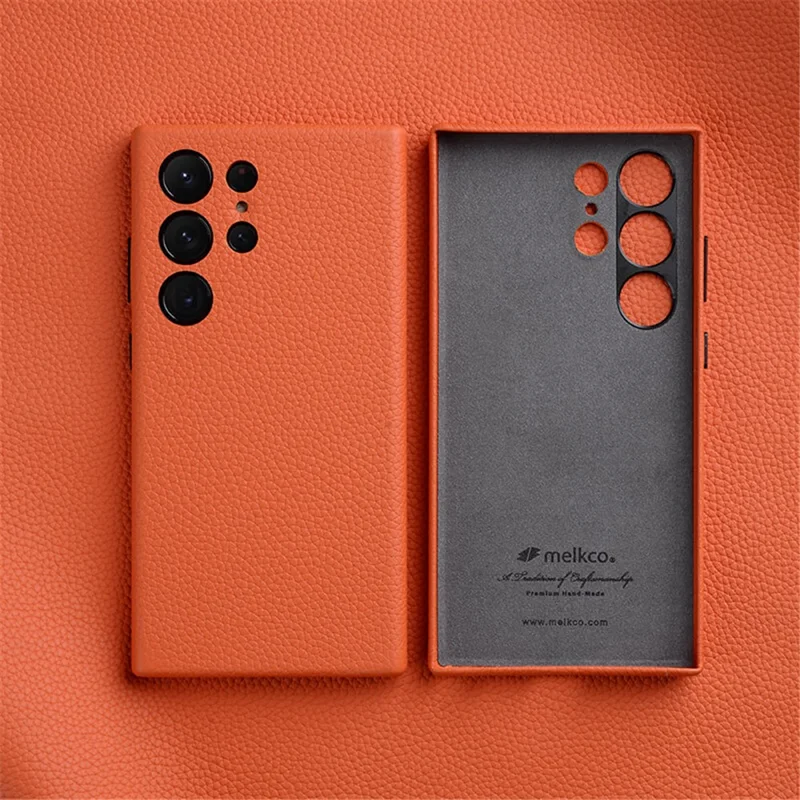 MELKCO Für Samsung Galaxy S24 Ultra Hülle Echtes Rindsleder+PC Handyhülle - Orange