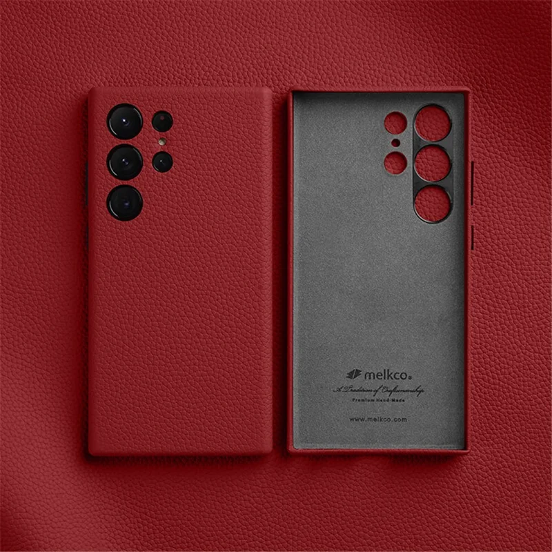 MELKCO Para Samsung Galaxy S24 Ultra Funda Cuero Genuino de Vaca+PC Funda Teléfono - Rojo