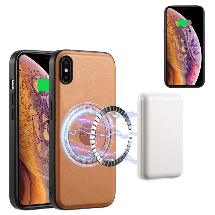 DENIOR For iPhone X / XS 5.8 inch Magnetic Phone Case Anti-fall Cover with Detachable Card Slots - Khaki