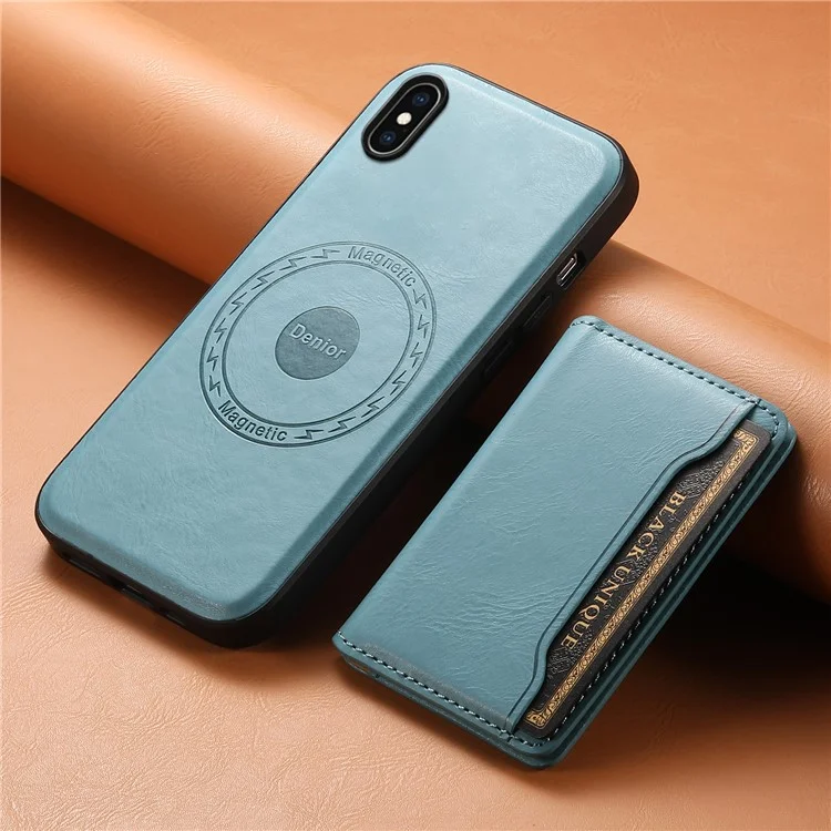 DENIOR For iPhone XS Max 6.5 inch Case Kickstand Cowhide Texture Phone Purse Cover Compatible with MagSafe - Blue