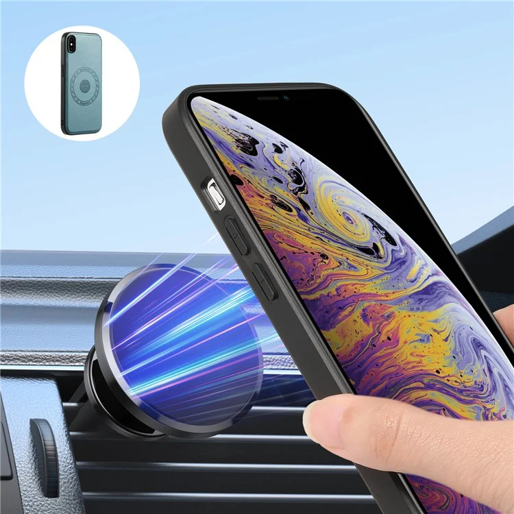 DENIOR Para iPhone XS Max 6.5 polegadas Capa com Suporte Textura de Couro de Vaca Capa de Telefone Compatível com MagSafe - Azul