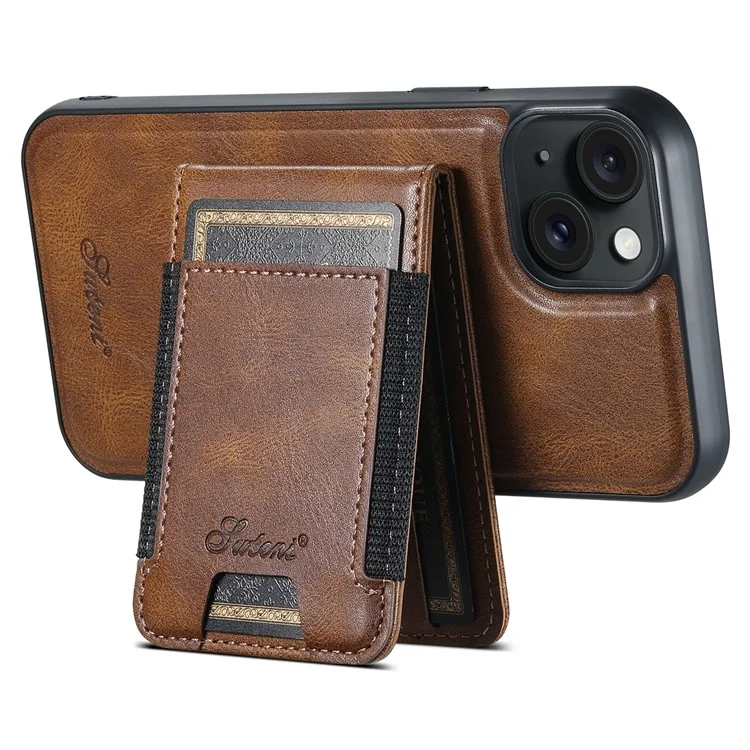SUTENI H17 For iPhone 15 Case Detachable Card Holder Kickstand Phone Cases Compatible with MagSafe - Brown