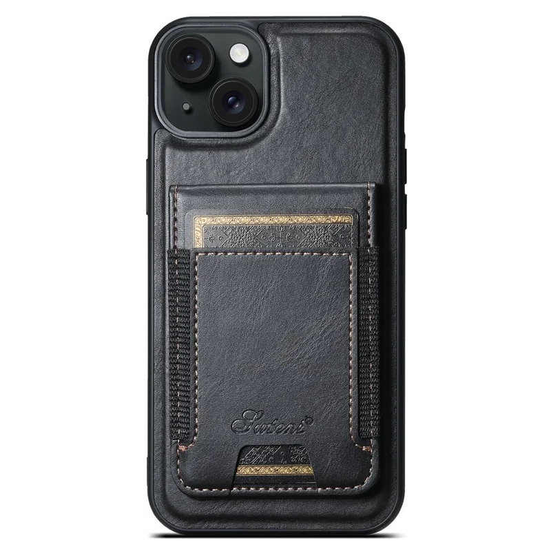 SUTENI H17 For iPhone 15 Plus Case Compatible with MagSafe PU+TPU Kickstand Phone Cover - Black