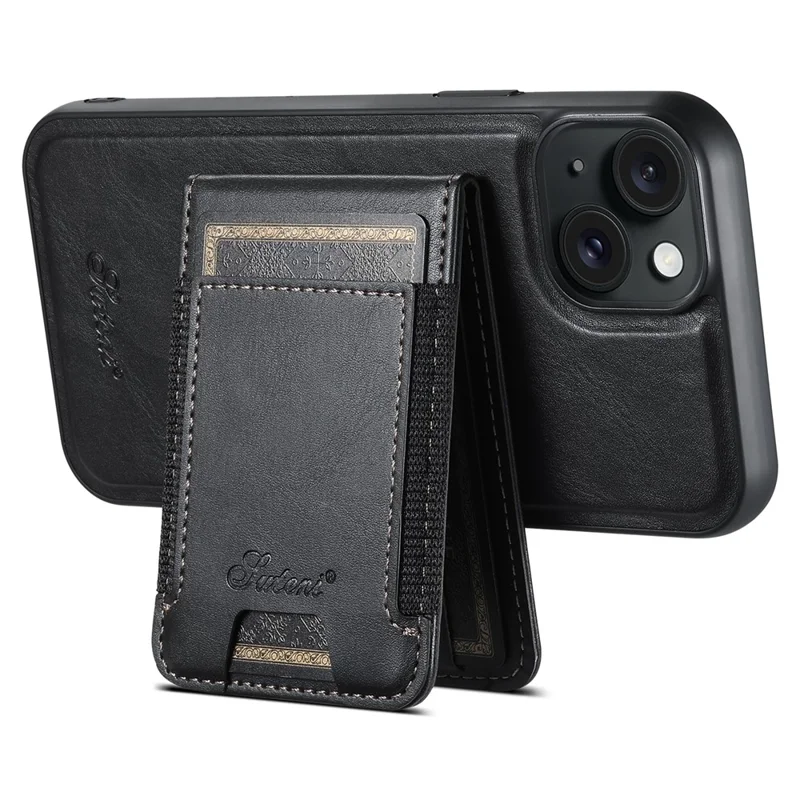 SUTENI H17 For iPhone 15 Plus Case Compatible with MagSafe PU+TPU Kickstand Phone Cover - Black