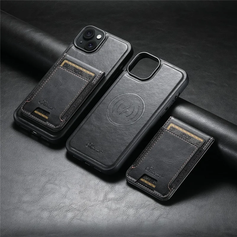 SUTENI H17 For iPhone 15 Plus Case Compatible with MagSafe PU+TPU Kickstand Phone Cover - Black