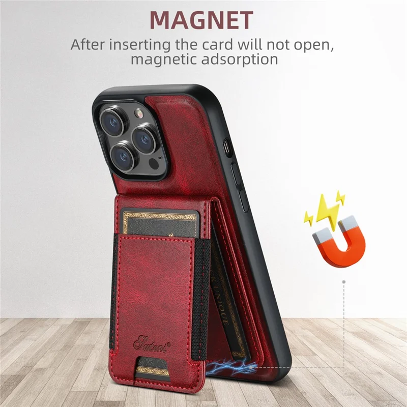 SUTENI H17 For iPhone 14 Pro Case Card Holder Phone Shell Compatible with MagSafe - Red