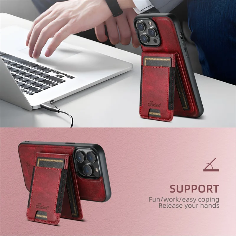 SUTENI H17 For iPhone 14 Pro Case Card Holder Phone Shell Compatible with MagSafe - Red
