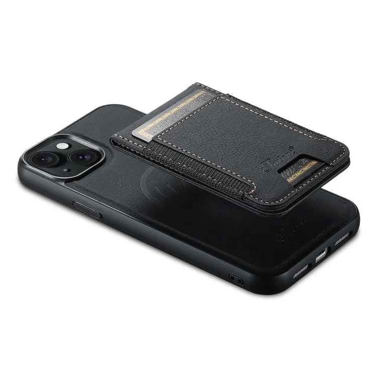 SUTENI H17 For iPhone 14 Plus Magnetic Case Litchi Texture Kickstand Phone Back Shell - Black