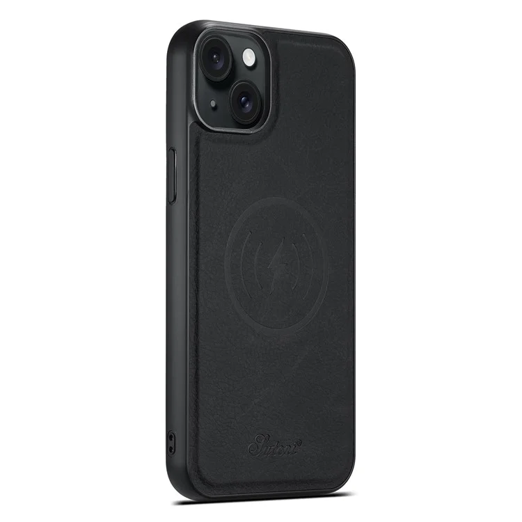 SUTENI H17 For iPhone 14 Plus Magnetic Case Litchi Texture Kickstand Phone Back Shell - Black