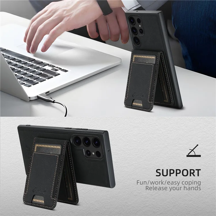 SUTENI H17 Para Samsung Galaxy S23 Ultra Funda de Cuero con Soporte para Tarjetas Compatible con MagSafe - Negro