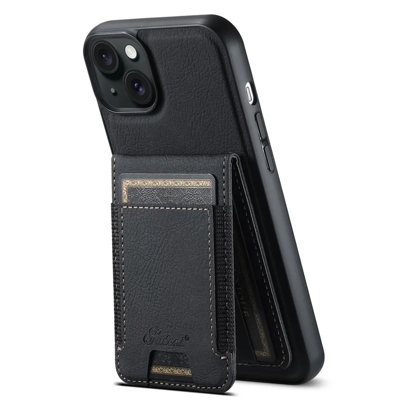 SUTENI H17 Leather Case for iPhone 15 Shell Shockproof Litchi Texture Magnetic Phone Cover - Black