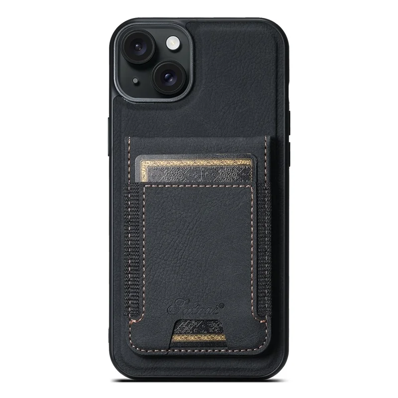 SUTENI H17 Leather Case for iPhone 15 Shell Shockproof Litchi Texture Magnetic Phone Cover - Black