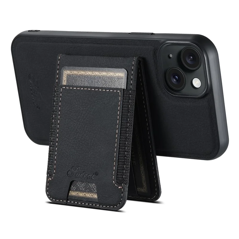 SUTENI H17 Leather Case for iPhone 15 Shell Shockproof Litchi Texture Magnetic Phone Cover - Black