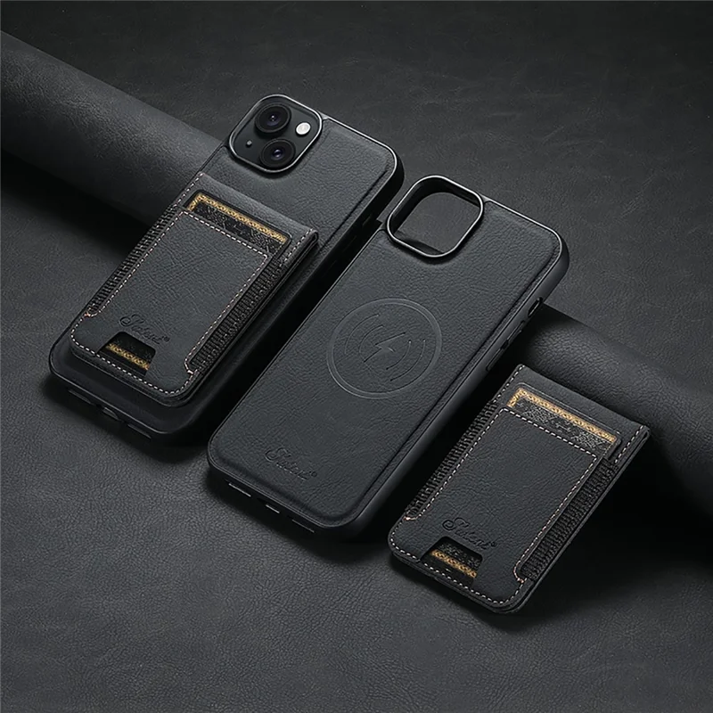 SUTENI H17 Leather Case for iPhone 15 Shell Shockproof Litchi Texture Magnetic Phone Cover - Black