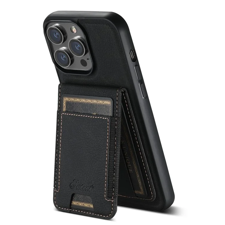 SUTENI H17 For iPhone 13 Pro Magnetic Case Card Slots Leather+TPU Kickstand Phone Cover - Black