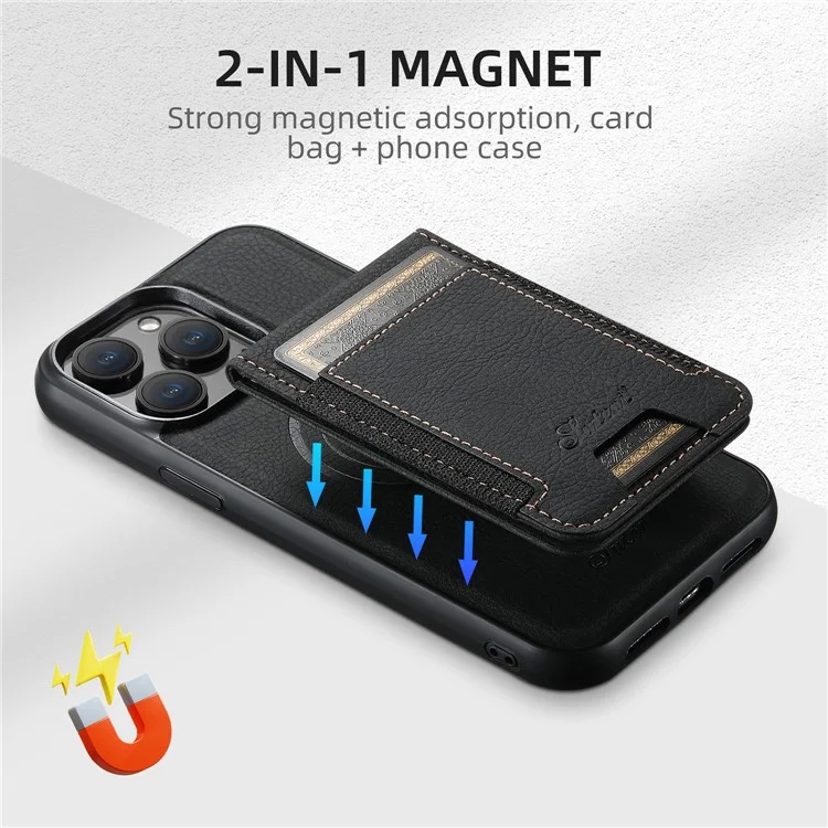 SUTENI H17 For iPhone 13 Pro Magnetic Case Card Slots Leather+TPU Kickstand Phone Cover - Black