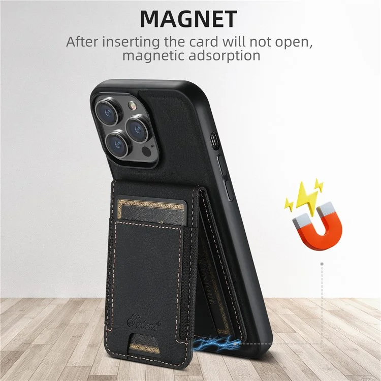 SUTENI H17 For iPhone 13 Pro Magnetic Case Card Slots Leather+TPU Kickstand Phone Cover - Black