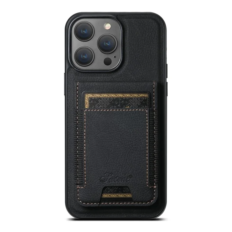 SUTENI H17 For iPhone 13 Pro Magnetic Case Card Slots Leather+TPU Kickstand Phone Cover - Black