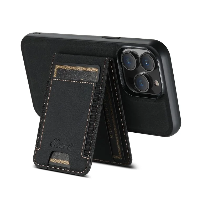 SUTENI H17 Para iPhone 13 Pro Max Capa Com Slots para Cartão Suporte Couro+TPU Capa de Telefone - Preto