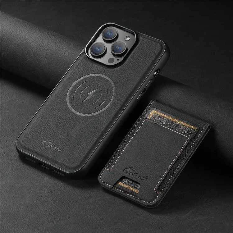 SUTENI H17 Para iPhone 13 Pro Max Capa Com Slots para Cartão Suporte Couro+TPU Capa de Telefone - Preto
