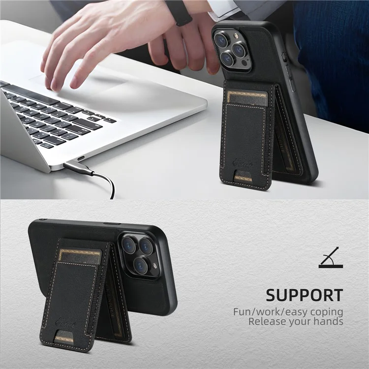 SUTENI H17 Para iPhone 13 Pro Max Capa Com Slots para Cartão Suporte Couro+TPU Capa de Telefone - Preto