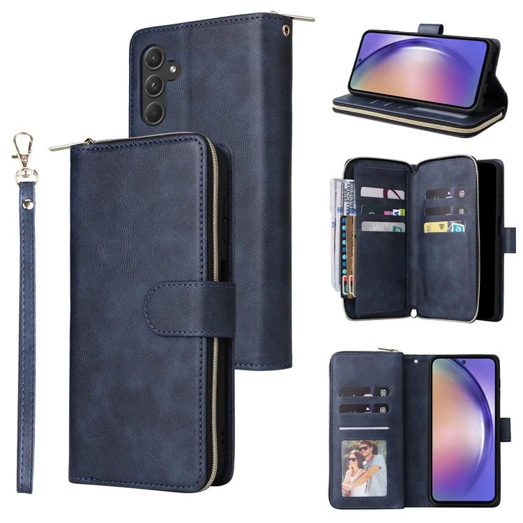 Funda para Samsung Galaxy A55 5G con ranuras para tarjetas y cierre de cremallera de cuero - Azul