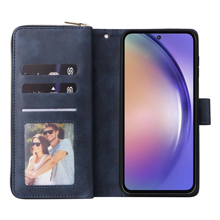 Funda para Samsung Galaxy A55 5G con ranuras para tarjetas y cierre de cremallera de cuero - Azul
