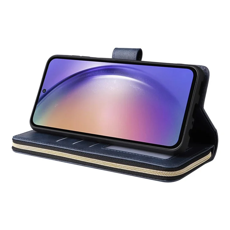 Funda para Samsung Galaxy A55 5G con ranuras para tarjetas y cierre de cremallera de cuero - Azul
