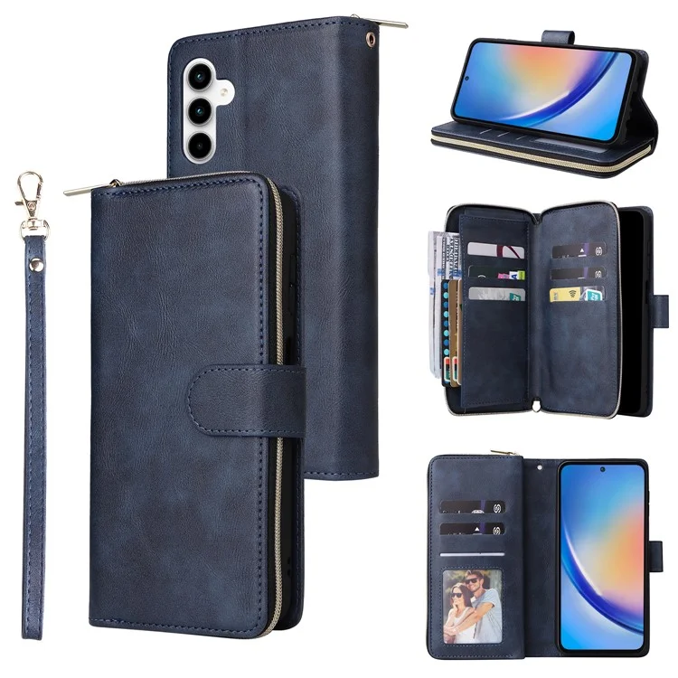 Funda para Samsung Galaxy A35 5G Zipper Pocket Leather Phone Cover con 9 ranuras para tarjetas - Azul