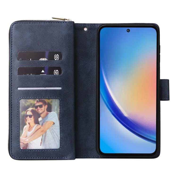 Funda para Samsung Galaxy A35 5G Zipper Pocket Leather Phone Cover con 9 ranuras para tarjetas - Azul