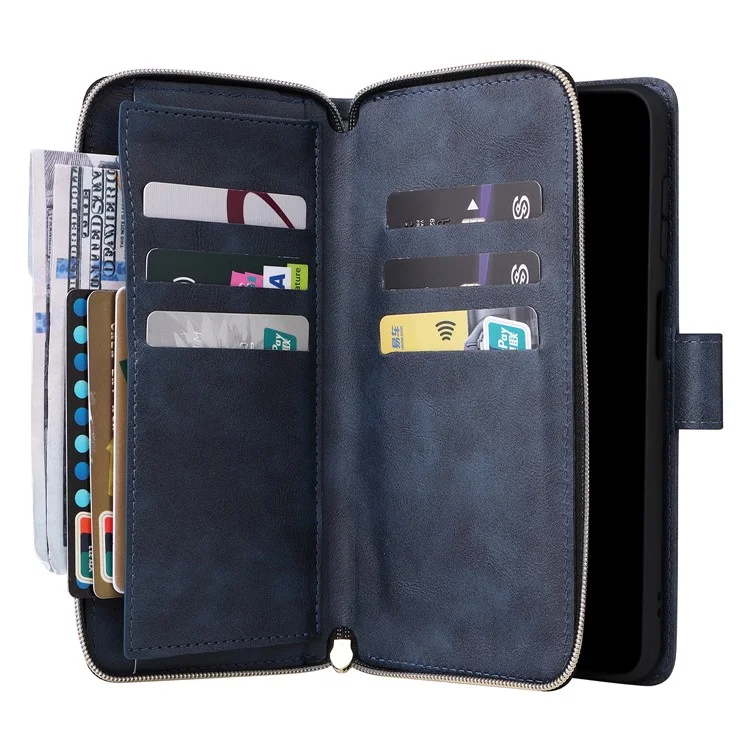 Funda para Samsung Galaxy A35 5G Zipper Pocket Leather Phone Cover con 9 ranuras para tarjetas - Azul