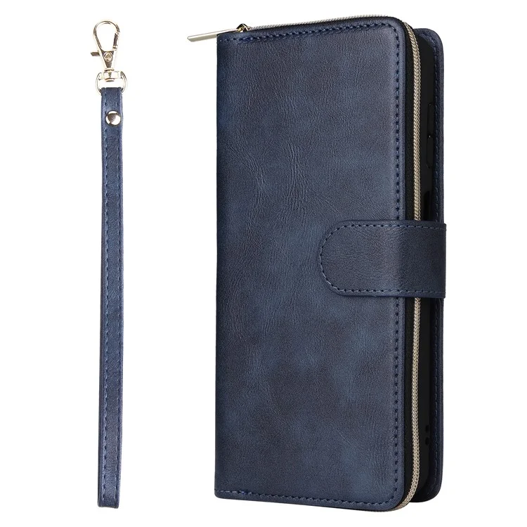 Funda para Samsung Galaxy A35 5G Zipper Pocket Leather Phone Cover con 9 ranuras para tarjetas - Azul