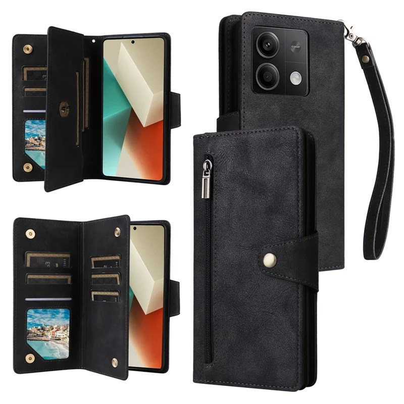For Xiaomi Redmi Note 13 5G Leather Case Rivet Decor 9 Card Holder Slots Zipper Pocket Cover - Black