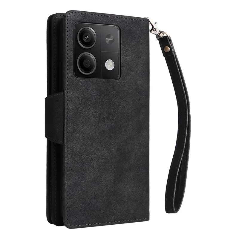 For Xiaomi Redmi Note 13 5G Leather Case Rivet Decor 9 Card Holder Slots Zipper Pocket Cover - Black