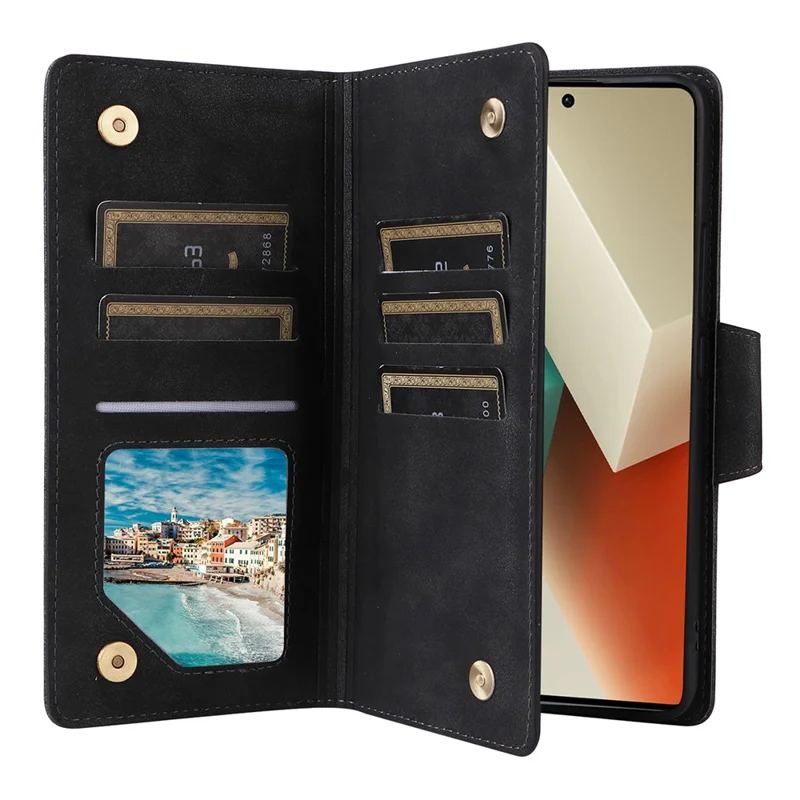 For Xiaomi Redmi Note 13 5G Leather Case Rivet Decor 9 Card Holder Slots Zipper Pocket Cover - Black