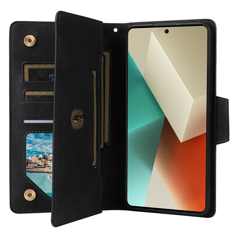 For Xiaomi Redmi Note 13 5G Leather Case Rivet Decor 9 Card Holder Slots Zipper Pocket Cover - Black